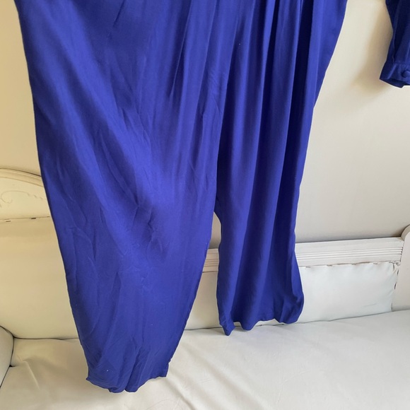 ROYAL BLUE CROPPED WIDE LEG JUMPSUIT PLEATS POCKETS BUTTONS HALF BELT COLLAR - Picture 6 of 11